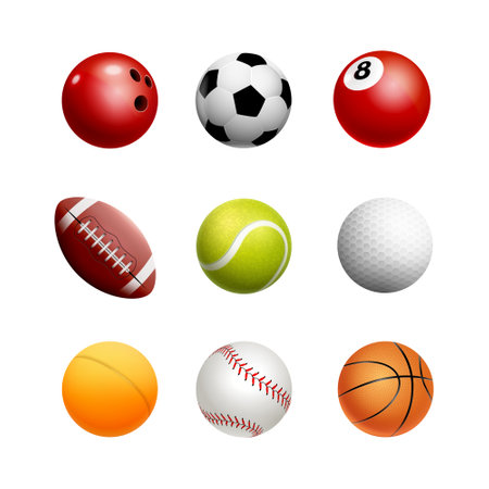 Sports balls vector icon. Collection different balls soccer, basketball, tennis golf. Sports bowling baseball soccer iconsのイラスト素材