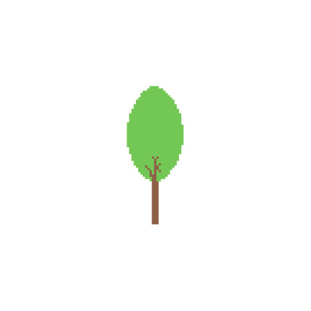 Simple pixelated tree icon. Minimalistic pixel art tree with green leaves and a brown trunk.のイラスト素材