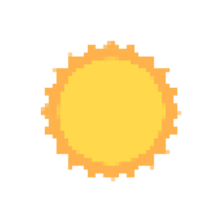 Pixelated sun icon bright yellow orange. Retro-style pixel art sun minimal sunburst cartoon icon