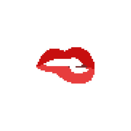 Pixelated red lips illustration. Simple pixel art red lips with open mouth showing teethのイラスト素材