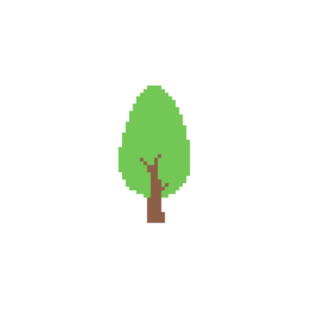 Simple pixelated tree icon. Minimalistic pixel art tree with green leaves and a brown trunk.のイラスト素材