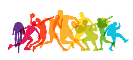 Colorful concept of sports silhouettes athlete. Cycling basketball running soccer competition. Colorful sports illustration.のイラスト素材
