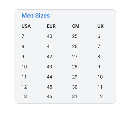 Men shoe size conversion chart for USA, Europe, centimeters, and UK. The chart provides clear measurements for international sizing.のイラスト素材