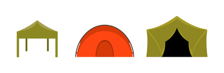 Colorful camping tents. Purple, blue, and yellow tents outdoor camping nature travel hiking recreation.のイラスト素材
