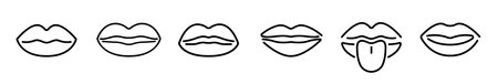 Minimalist Line Art Vector Lips Icon Set Showing Various Expressions and Tongue Outのイラスト素材