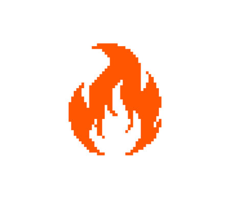 Pixel fire icon. Retro-style flame graphic orange and yellow fire gradient pixel art design.のイラスト素材