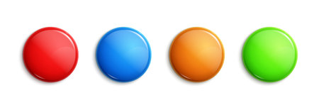 Set of four glossy colorful round buttons in red, blue, orange, and green on white background for interface or design elementsのイラスト素材