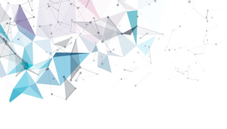 Abstract geometric network background with transparent blue polygons and connected dots for technology, science, or innovation themesのイラスト素材