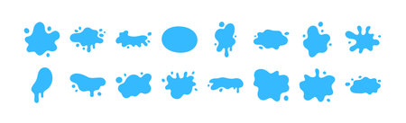 Water splash drop vector liquid puddle fluid shape cartoon icon set. Blue splash element tear blob design rain droplet.のイラスト素材