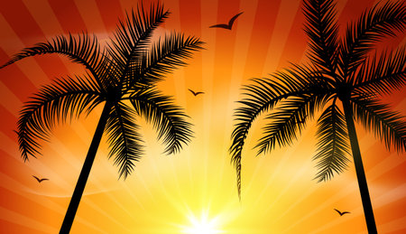 Tropical sunset with palm tree silhouettes flying birds and yellow sky background travel summer paradiseのイラスト素材