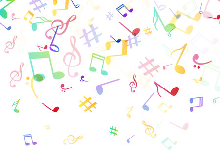 Colorful musical notes background with treble clefs and symbols floating on white backdrop melody harmony and rhythm conceptの写真素材