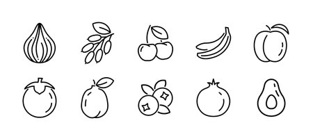 Fruit line icons including fig, goji, cherry, banana, peach, mangosteen, guava, blueberry, pomegranate, and avocadoのイラスト素材