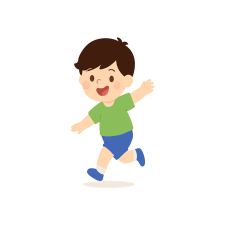 Child running cartoon boy playful movement. Happy character vector isolated cute boy energetic motion fun childhood designのイラスト素材