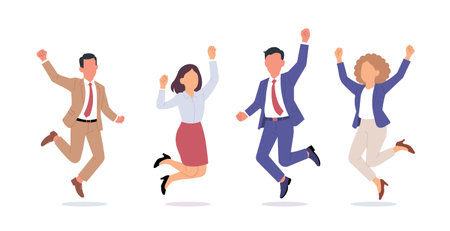 Happy business character people office team. Cartoon happy business person jump flat employee success joy illustration.のイラスト素材