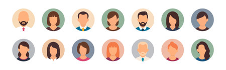 Avatar people face icon. Person man portrait icon. Business vector avatar woman head flat cartoon user icon set.のイラスト素材