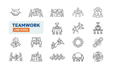 Teamwork line icon set. Business team work communication people support discussion. Cooperation community conversation.のイラスト素材