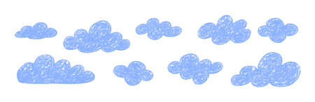 Cloud hand drawn children grunge design. Drawing sky clouds abstract crayon texture doodle iconのイラスト素材