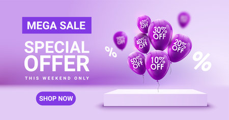 Sale discount promotion offer ecommerce marketing banner. Balloons percentage symbols purple background retail advertising campaignのイラスト素材