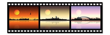Film strip icon with city silhouetteの写真素材
