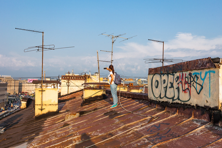 beautiful view from the roof of St. Petersburg at the center of the city sunsetの写真素材
