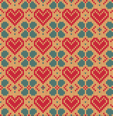 Seamless pattern on the theme of Valentine's Day with an image of the Norwegian patterns and hearts. Wool knitted texture. Vector Illustrationのイラスト素材