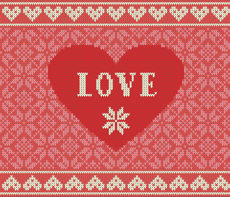 Seamless pattern on the theme of Valentine's Day with an image of the Norwegian patterns and hearts. Wool knitted texture. Vector Illustrationのイラスト素材