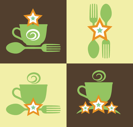 Set green with word Fast Food, design elements cap, spoon and fork at a dark and a light background. Design template for restaurant, cafe and canteens.のイラスト素材