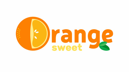 Orange design concept at a white background. Fruit creative symbol template. Fresh organic fruit unique icon layout. It contains the inscription Orange sweet.のイラスト素材