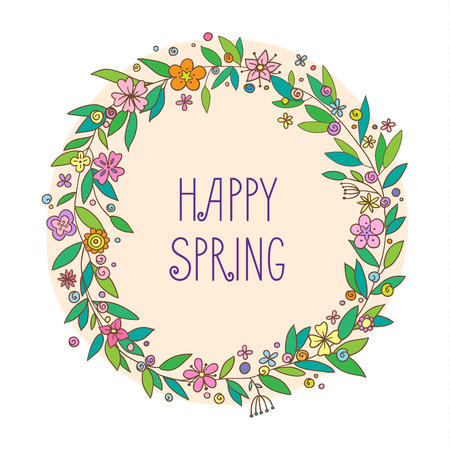 Lettering Happy spring with decorative flower elements on white and beige background, hand drawn wreath of flowers and leaves for greeting card, invitation and web design.のイラスト素材