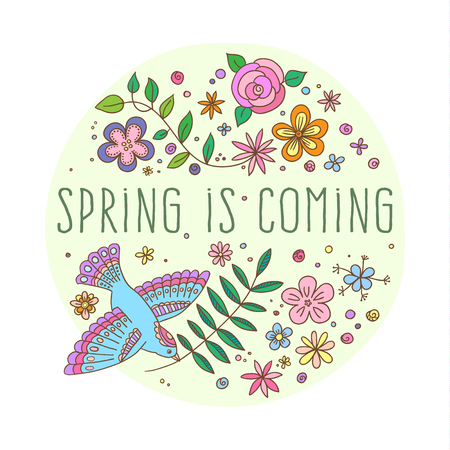 lettering Spring is Coming with decorative flower and bird elements on white and beige background, hand drawn flowers and leaves for greeting card, invitation and web design.のイラスト素材