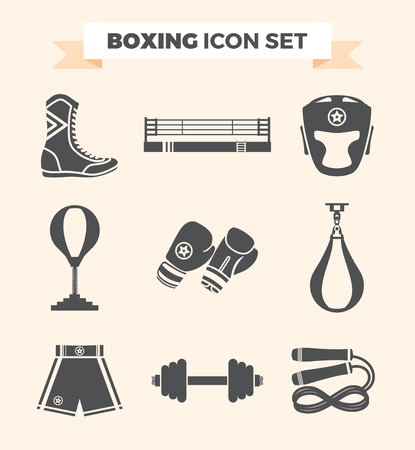 Set of boxing equipment monochrome design elements isolated on beige background.のイラスト素材