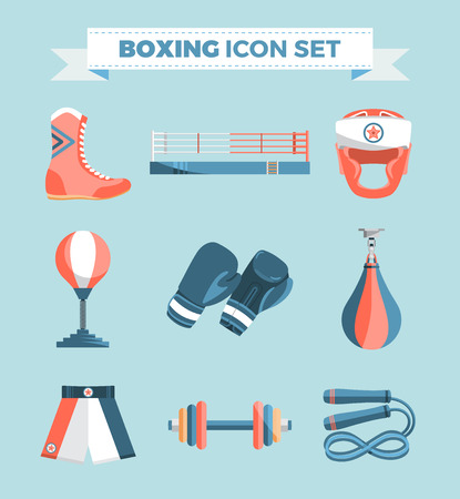Set of boxing equipment colorful design elements isolated on blue background Illustration.のイラスト素材
