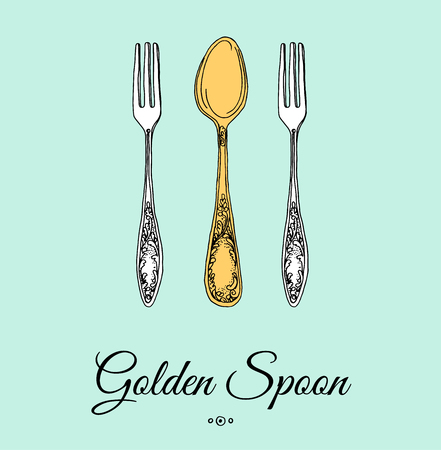 Hand drawn illustration of curly ornamental silver tableware, cutlery on mint background.のイラスト素材