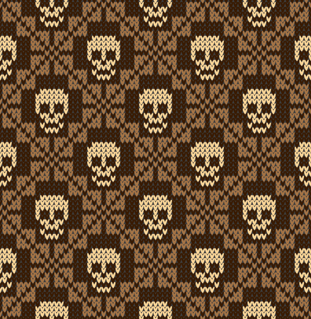 Seamless pattern with skull and ethnic mexican elements. Day of the dead, a traditional holiday in Mexico. For postcard or celebration design. Traditional Latin American patterns and ornaments, colorful patterned skull. Wool knitted texture. Vector Illustのイラスト素材