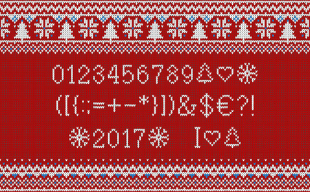 Christmas font. Knitted latin alphabet on seamless knitted pattern with snowflakes and fir. Nordic fair isle knitting, winter holiday sweater design. Vector Illustrationのイラスト素材