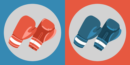 Boxing gloves icon. Color boxing gloves on a blue and red background. Sports Equipment. Vector Illustrationのイラスト素材