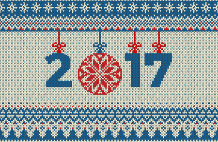 Merry Christmas and New Year seamless knitted pattern with Christmas balls, snowflakes and fir. Scandinavian style. Winter Holiday Sweater Design. Vector Illustrationのイラスト素材