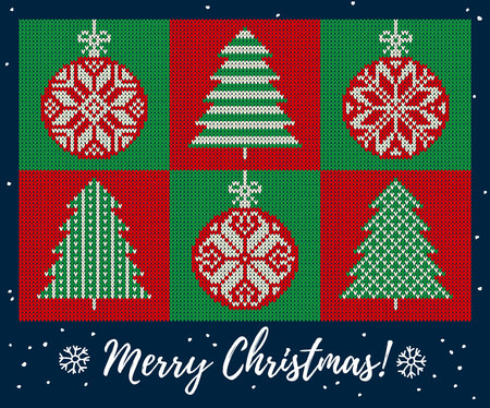 Christmas Greeting Card with fir and red balls with decorations. On a blue background knitted pattern, hand drawn snowflakes, Merry Christmas lettering. Scandinavian style. Winter Holiday Sweater Design. Vector Illustration.のイラスト素材