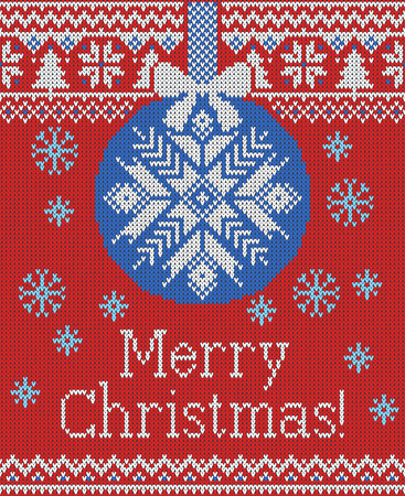 Merry Christmas and New Year seamless knitted pattern with Christmas balls, snowflakes and fir. Scandinavian style. Winter Holiday Sweater Design. Vector Illustrationのイラスト素材