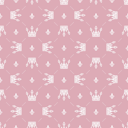 Seamless pattern in retro style with a white crown on a pink background. Can be used for wallpaper, pattern fills, web page background,surface textures. Vector Illustrationのイラスト素材