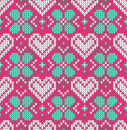 Seamless pattern on the theme of holiday Valentine's Day with an image of the Norwegian and fairisle patterns. White hearts on a pink background. Wool knitted texture. Vector Illustrationのイラスト素材