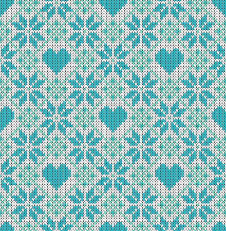 Seamless pattern on the theme of holiday Valentine's Day with an image of the Norwegian and fairisle patterns. Turquoise hearts on a white background. Wool knitted texture. Vector Illustrationのイラスト素材