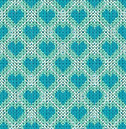 Seamless pattern on the theme of holiday Valentine's Day with an image of the Norwegian and fairisle patterns. Turquoise hearts on a light background. Wool knitted texture. Vector Illustrationのイラスト素材