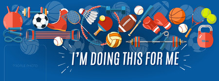 Sport banner Facebook Cover. Set of sport balls and gaming items at a blue background. Corporate facebook cover background. Healthy lifestyle tools, elements. Vector Illustration.のイラスト素材