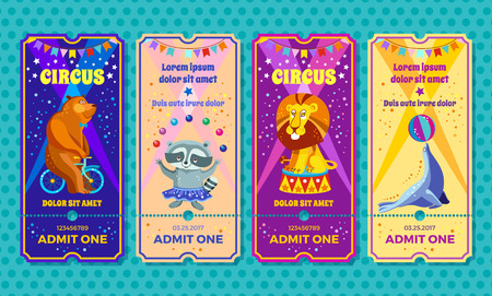 Circus big show with trained animals entrance ticket template. Invitation coupon with bear on a bike, raccoon-juggler, performing Lion, seal-equilibrist. Vector illustration.のイラスト素材