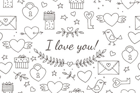 Seamless doodles Valentine's pattern. Cartoon romantic objects: heart, wings, branch with leaves bird, gift, lock, key, letter on white background. Love signs, design elements and symbols. Vector illustrationのイラスト素材
