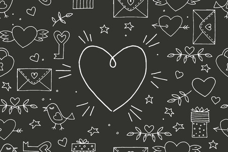 Seamless doodles Valentine's pattern. Cartoon romantic objects: heart, wings, branch with leaves bird, gift, lock, key, letter on black background. Love signs, design elements and symbols. Vector illustrationのイラスト素材