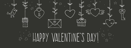 Love decorative vintage elements on black background. Hand drawn collection with heart, wings, branch with leaves, bird, gift, lock, key, letter and lettering. Doodle set, cartoon romantic objects. Vector illustrationのイラスト素材