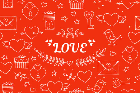 Seamless doodles Valentine's pattern. Cartoon romantic objects: heart, wings, branch with leaves bird, gift, lock, key, letter on red background. Love signs, design elements and symbols. Vector illustrationのイラスト素材
