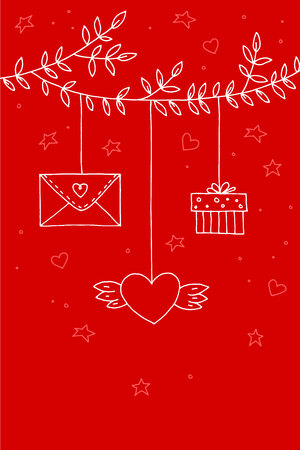 Love decorative vintage elements on red background. Hand drawn collection with heart, wings, branch with leaves, bird, gift, lock, key, letter and lettering. Doodle set, cartoon romantic objects. Vector illustrationのイラスト素材